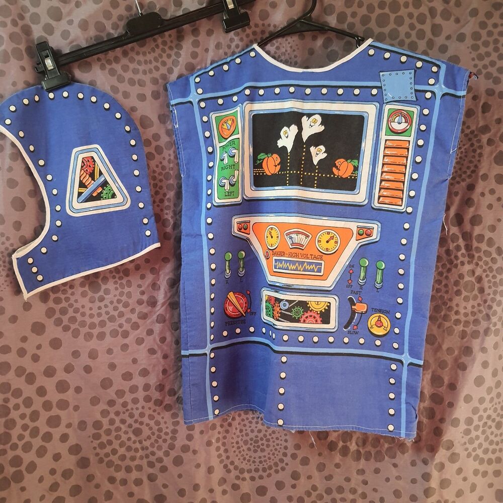 Vtg 80s Cut-N-Sew Robot Kid Halloween Costume + Hood Glow-In-The-Dark Sewn Smock